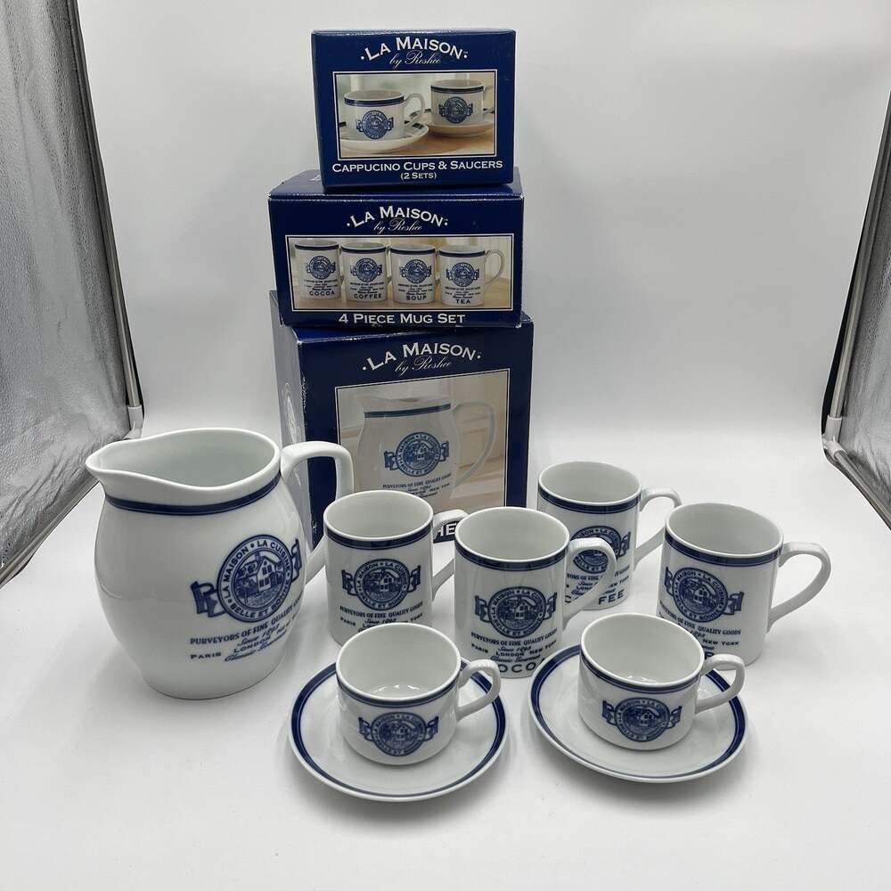 La Maison Roscho Porcelain Coffee Tea Set Pitcher Mugs Cups Saucers w Boxes